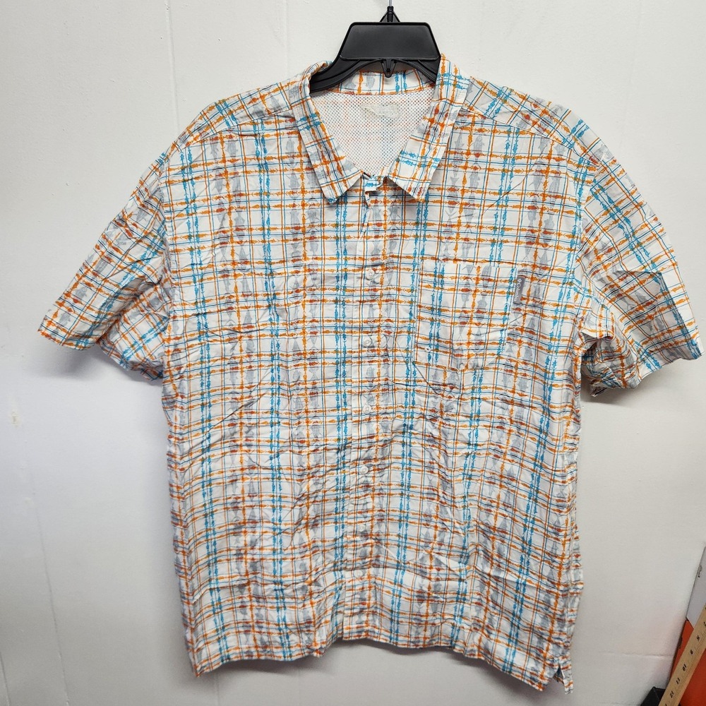 Columbia‎ PFG Shirt Mens White Orange Fish Print Short Sleeve Vented Mesh